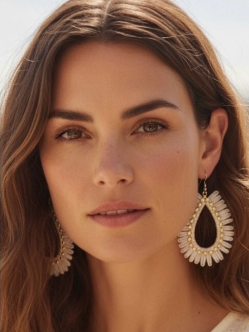Boho Raffia Earrings in Neutral Beige and Gold Tone by Plunder Design